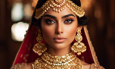 portrait of a woman wearing traditional bridal jewelry and outfit with intricate details and decorations 