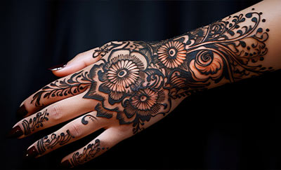 intricate floral henna tattoo on hand