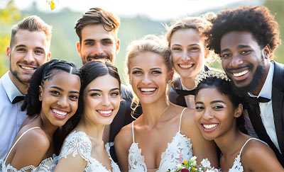 group of eight friends celebrating a wedding outdoors smiling joyfully with greenery in background