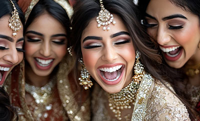 four joyful women in traditional attire celebrating together