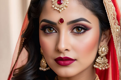 A woman with red and gold accessories