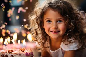 happy girl smiling at birthday cake with six candles and colorful confetti